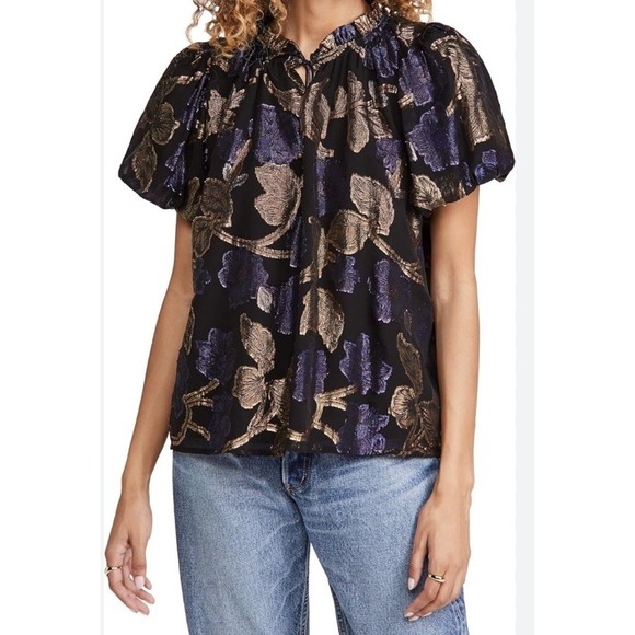 Sea New York Top Women Silk Lurex Puff Sleeve Metallic Cocktail Cottage Top M L - Picture 2 of 6